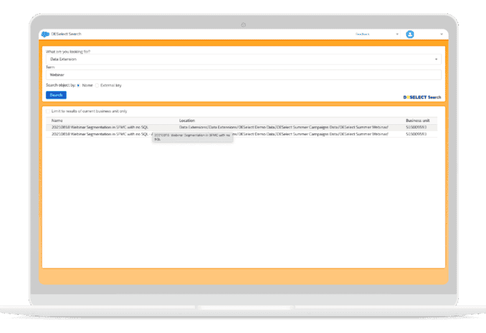 DESelect Data Extension Search Results