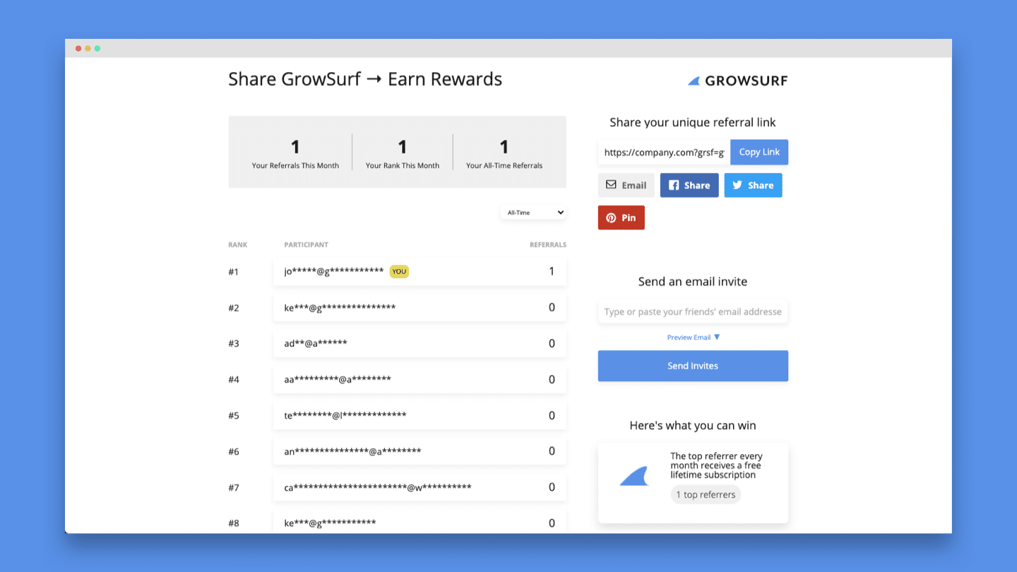 GrowSurf: Effortlessly Launch A Fully Automated Referral Marketing Program 29 Referral Dashboard