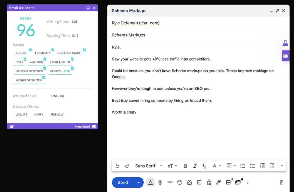 After Lavendar AI applied to an outreach email