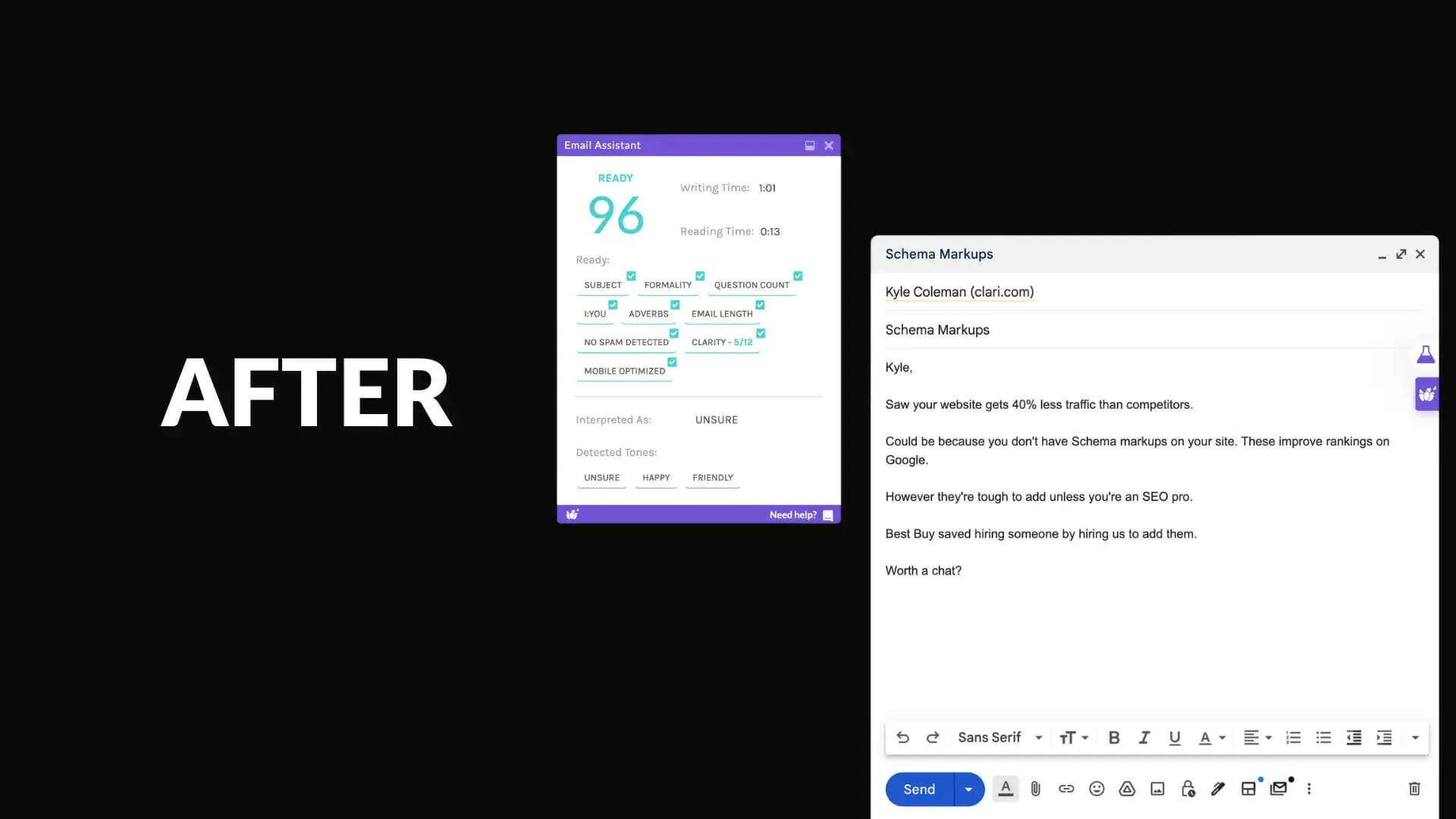 Lavender: AI-Powered Email Coach to Humanize Your Sales and Email Marketing 24 After Lavendar AI applied to an outreach email