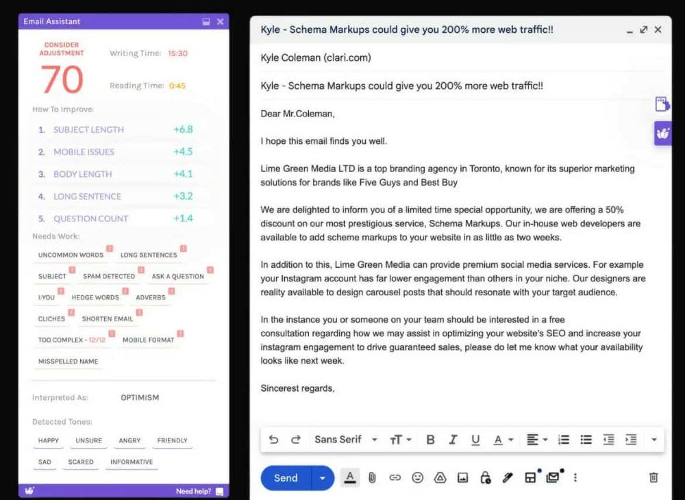 Before Lavendar AI applied to an outreach email