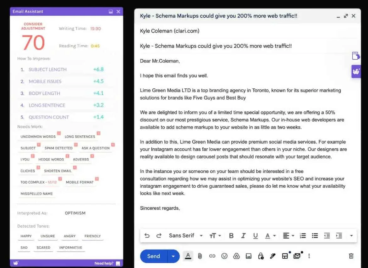 Lavender: AI-Powered Email Coach to Humanize Your Sales and Email Marketing 23 Before Lavendar AI applied to an outreach email