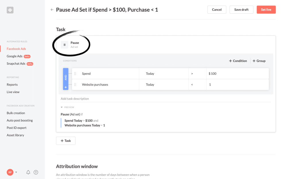 Pause ad spend if cart value is less than