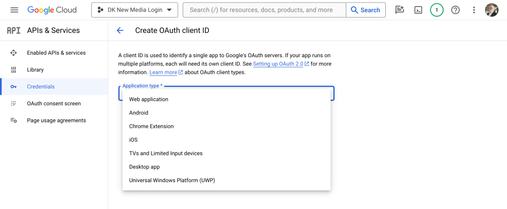Google Cloud - Create OAuth client ID for Web application.