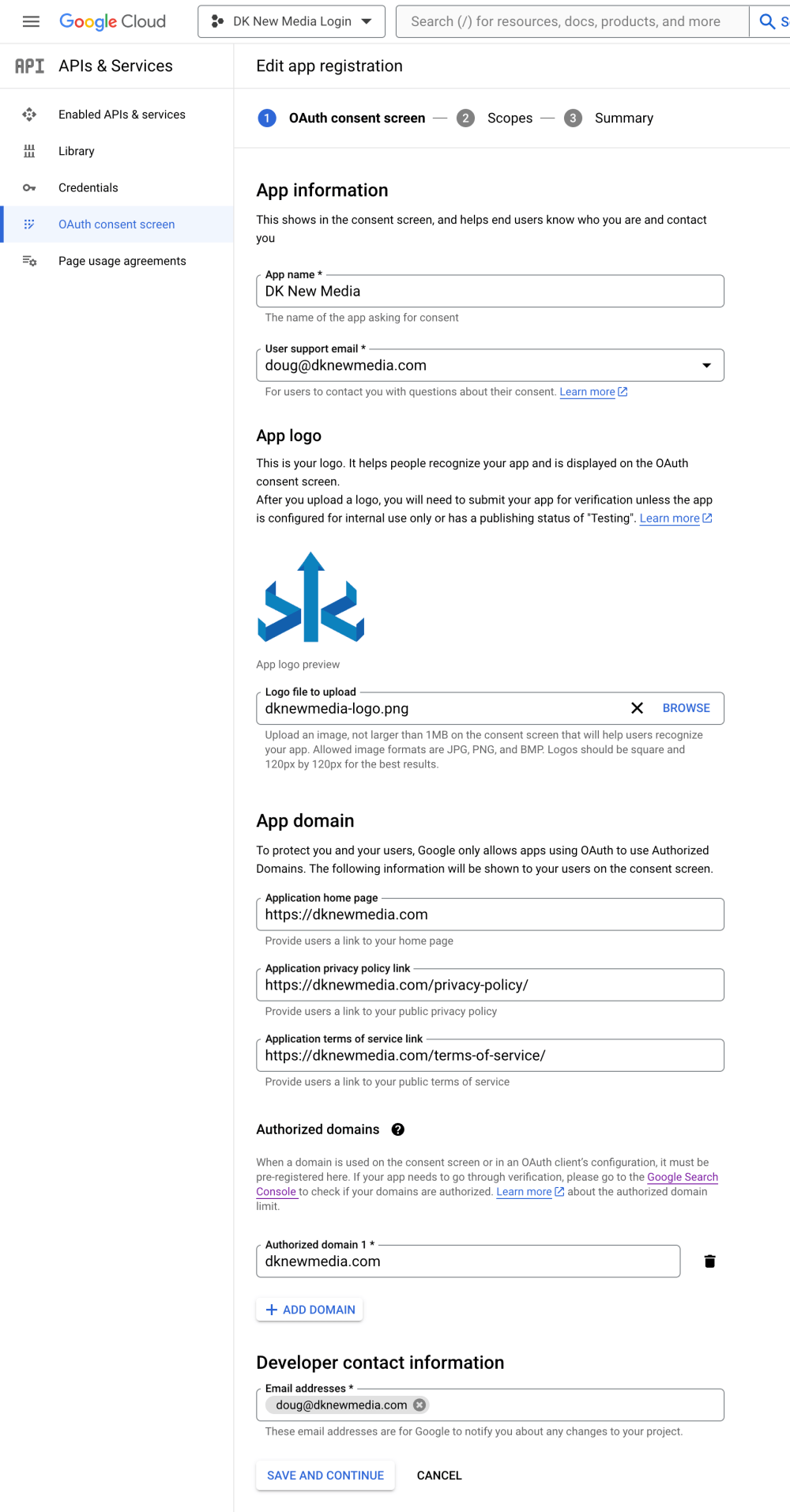 OAuth consent screen Step 1