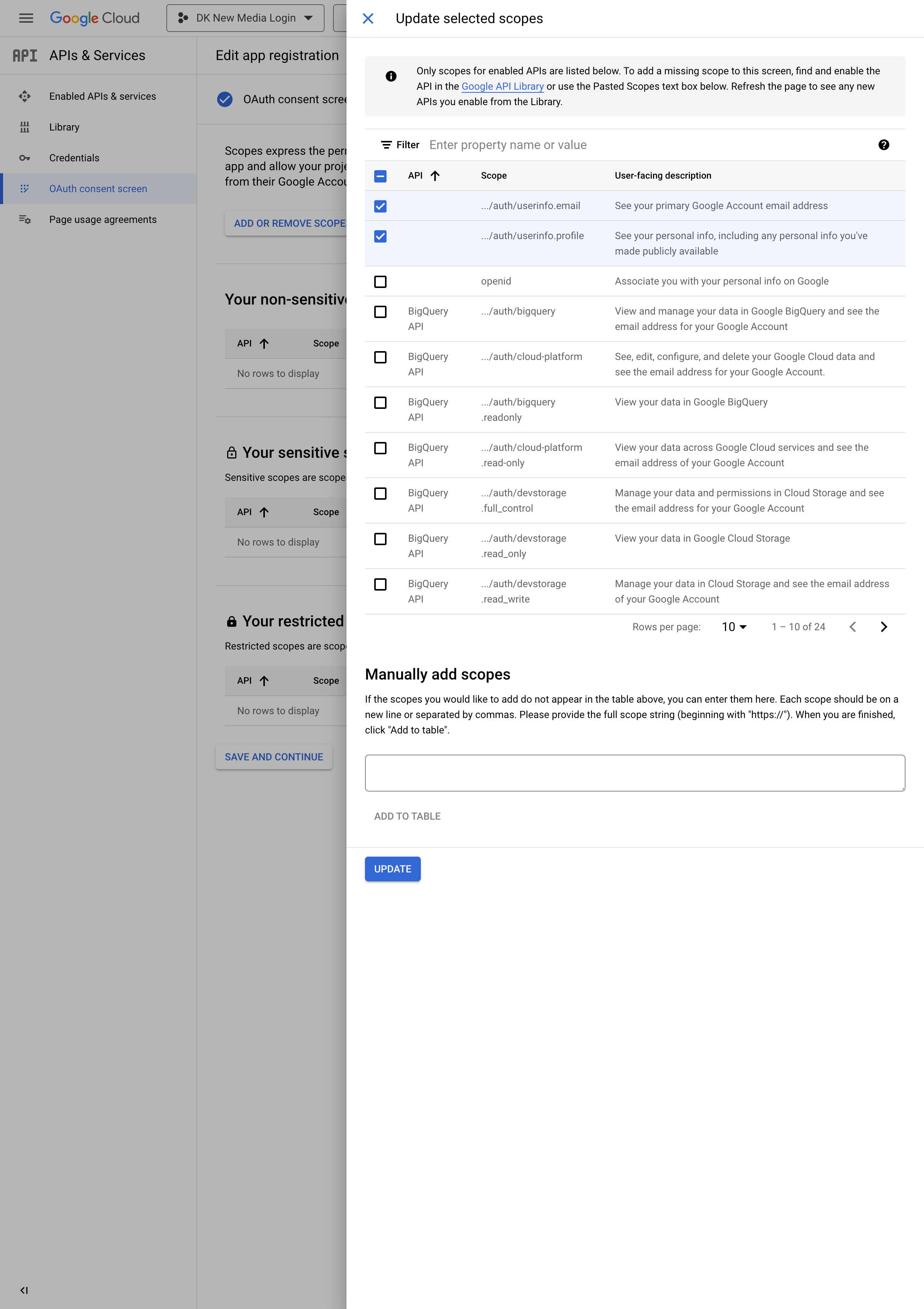 Google Cloud OAuth Scope Permissions - Add