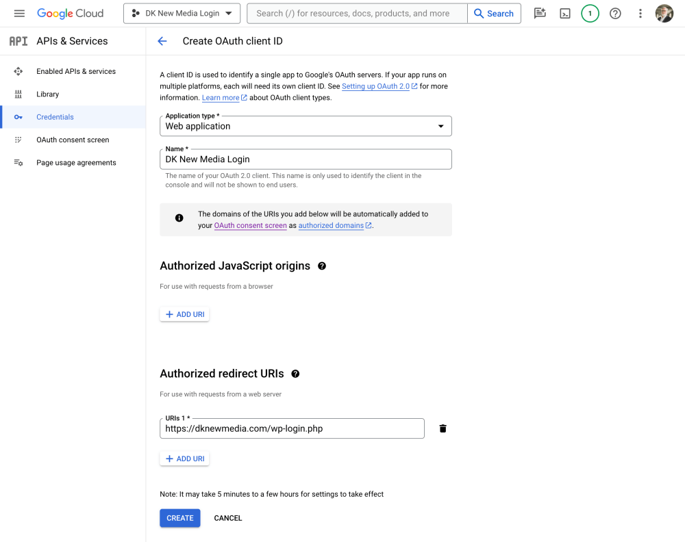Google Cloud - Create OAuth client ID add redirect URI