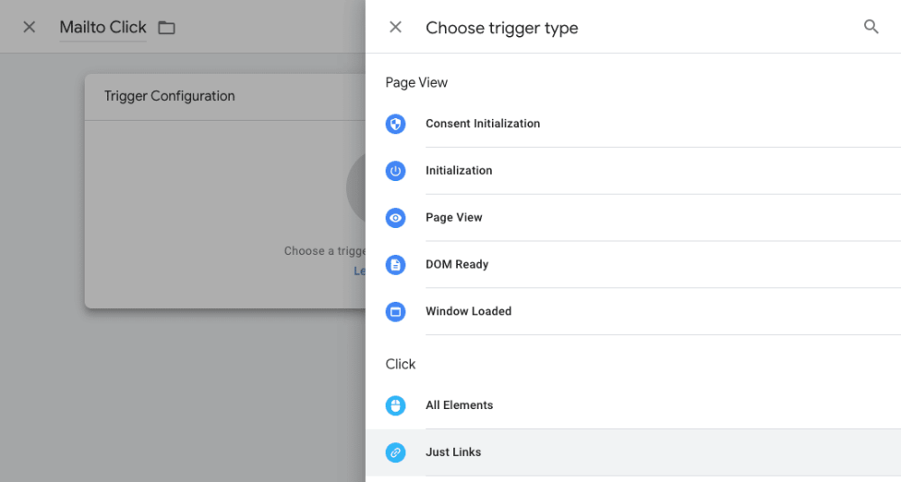 Google Tag Manager > Trigger > Just Clicks 