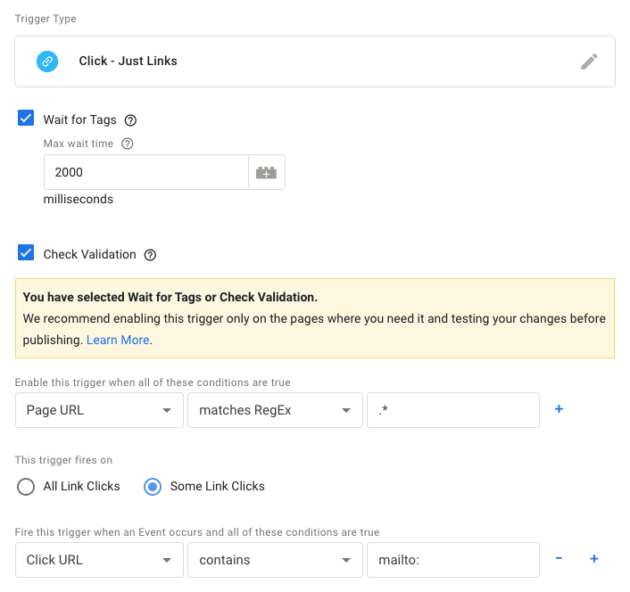 Google Tag Manager Trigger Configuration mailto links
