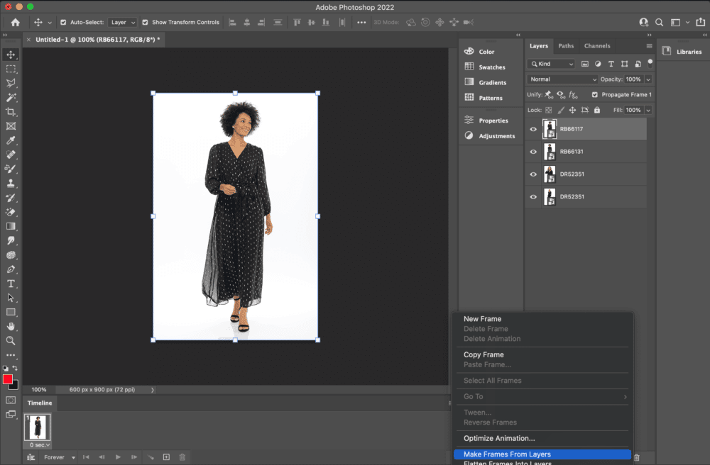 Photoshop > Timeline > Make Frames from Layers