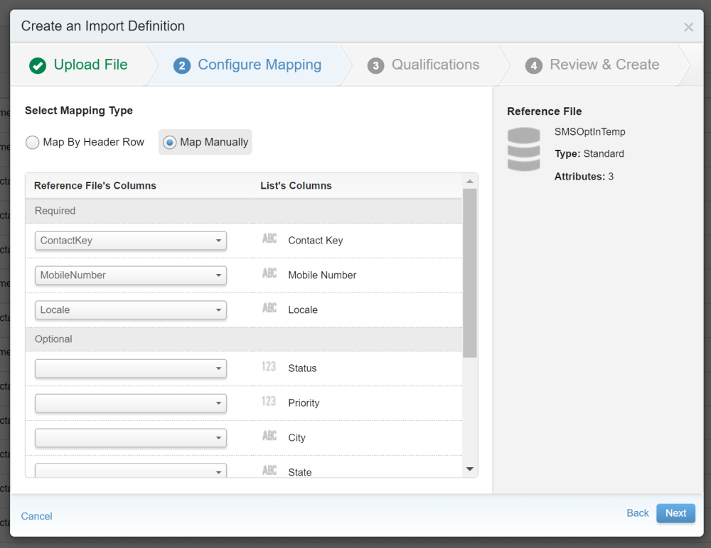 Create an import definition and configure field mapping with your data extension.