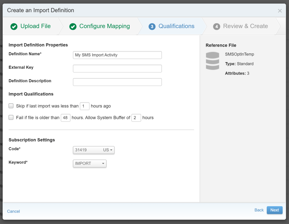 Name Activity for Contact Builder MobileConnect Import and set SMS Code and SMS Keyword