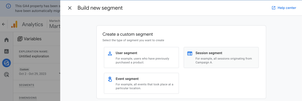 Google Analytics 4 - Create a custom segment using sessions