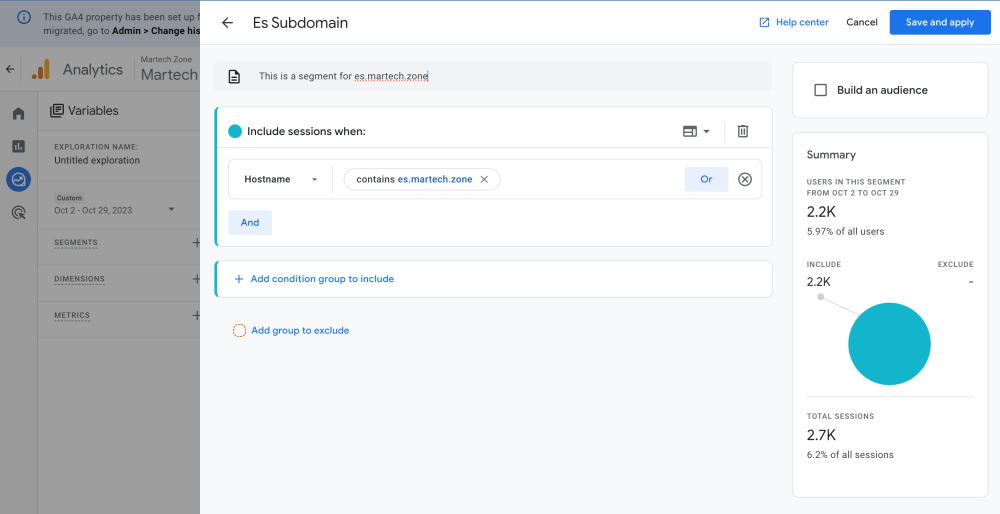 Google Analytics 4 - Name your segment and include subdomain as hostname