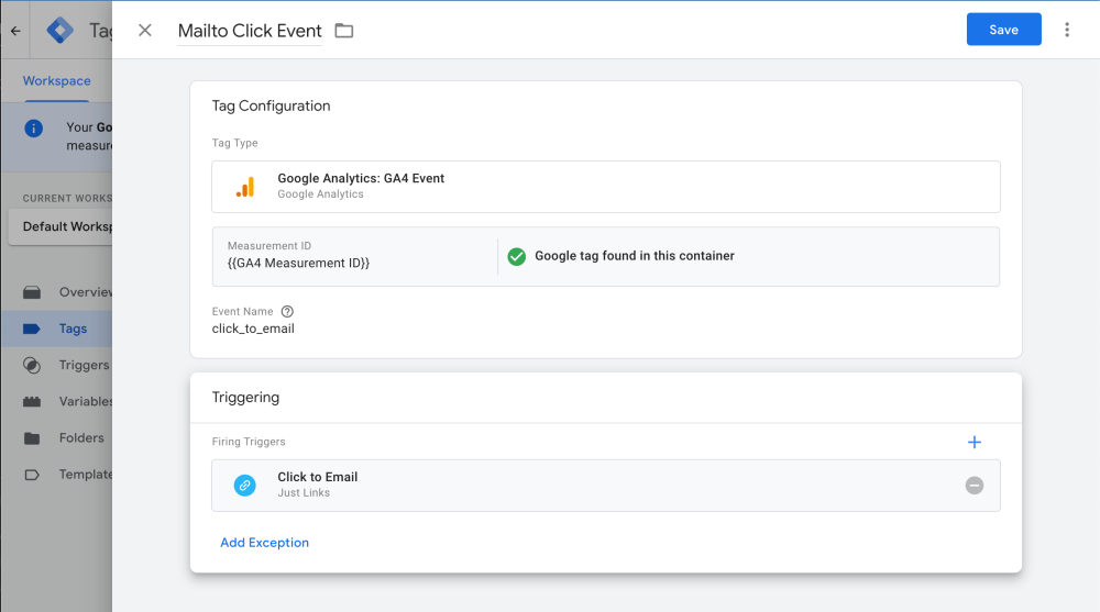 Google Analytics GA4 Tag for Event for Mailto Click