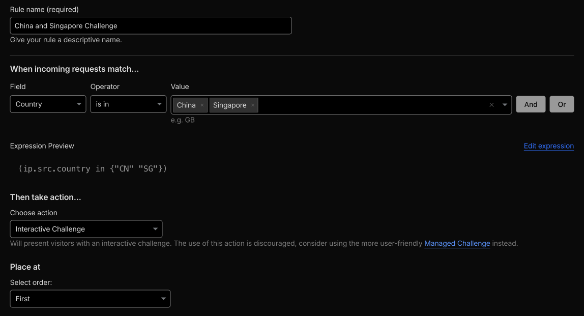 Как я наконец заблокировал бот-трафик из Китая и Сингапура с помощью Cloudflare 3 Правило безопасности Cloudflare: трафик Китай-Сингапур с интерактивным вызовом