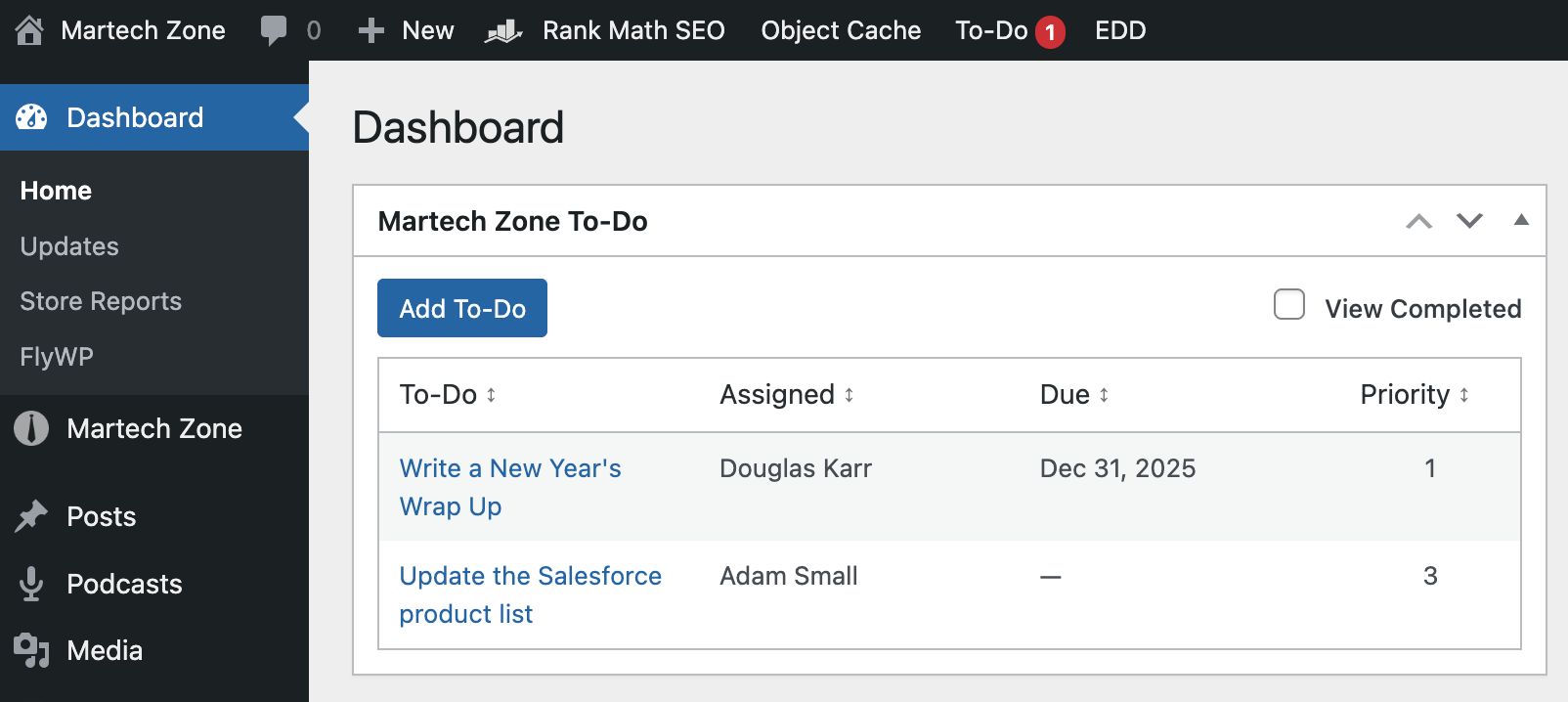Виджет панели управления списком задач WordPress