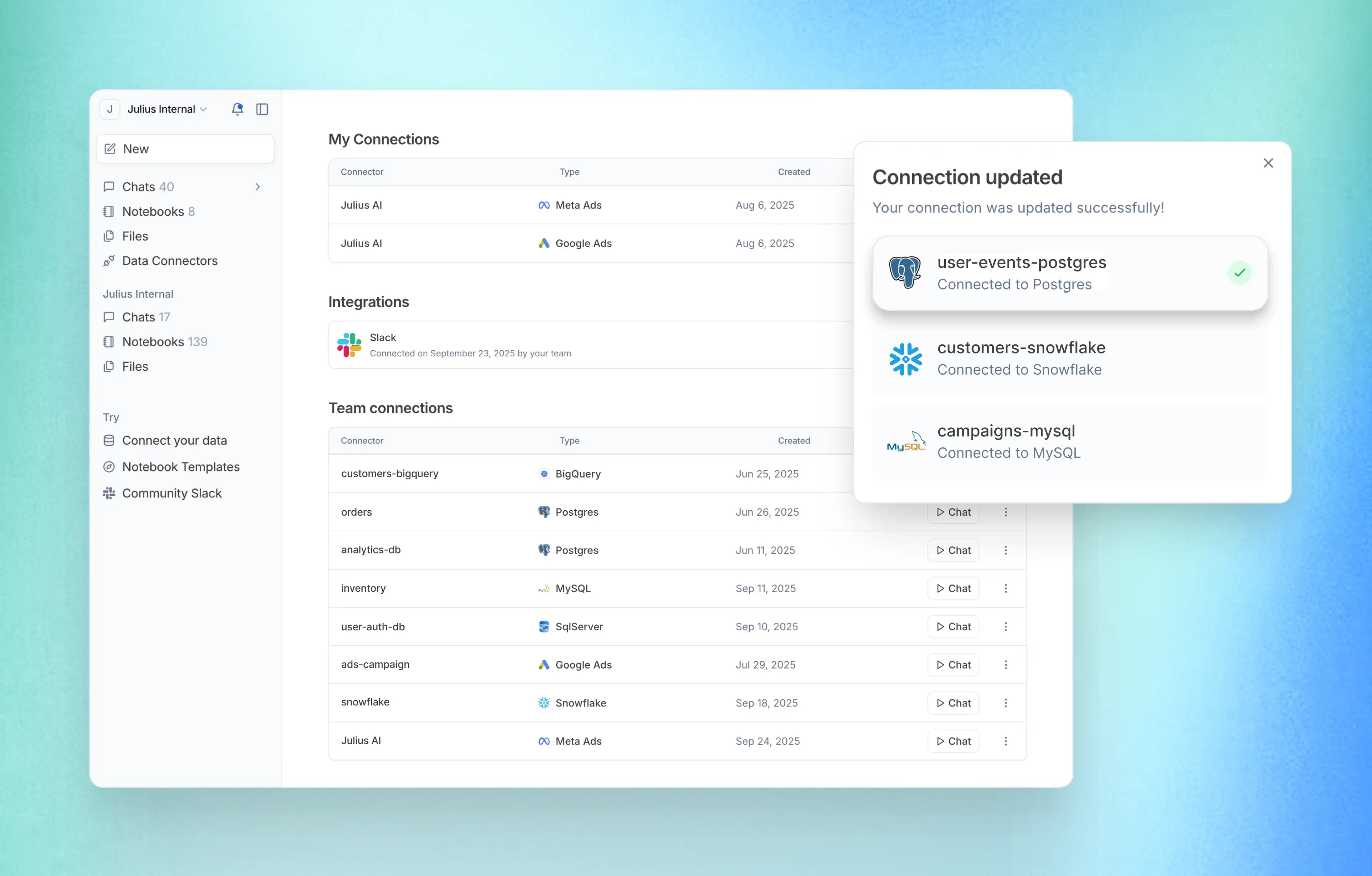 Панель управления Julius и скриншот подключения