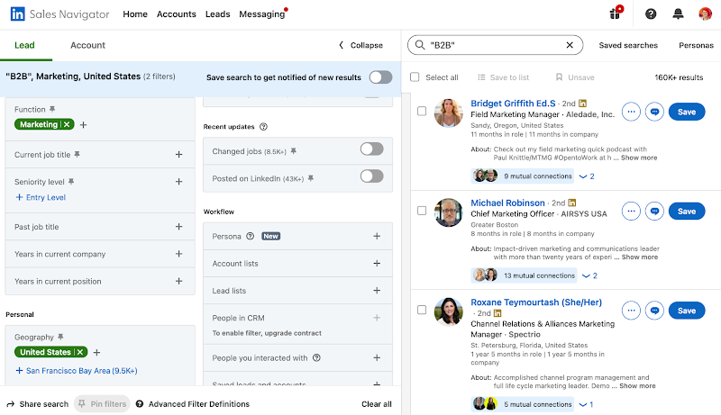 Community as an Account-Based Marketing Tool: Building Trust with Key B2B Clients 3 Screenshot from LinkedIn Sales Navigator showing the number of LinkedIn users - B2B marketing professionals in the US