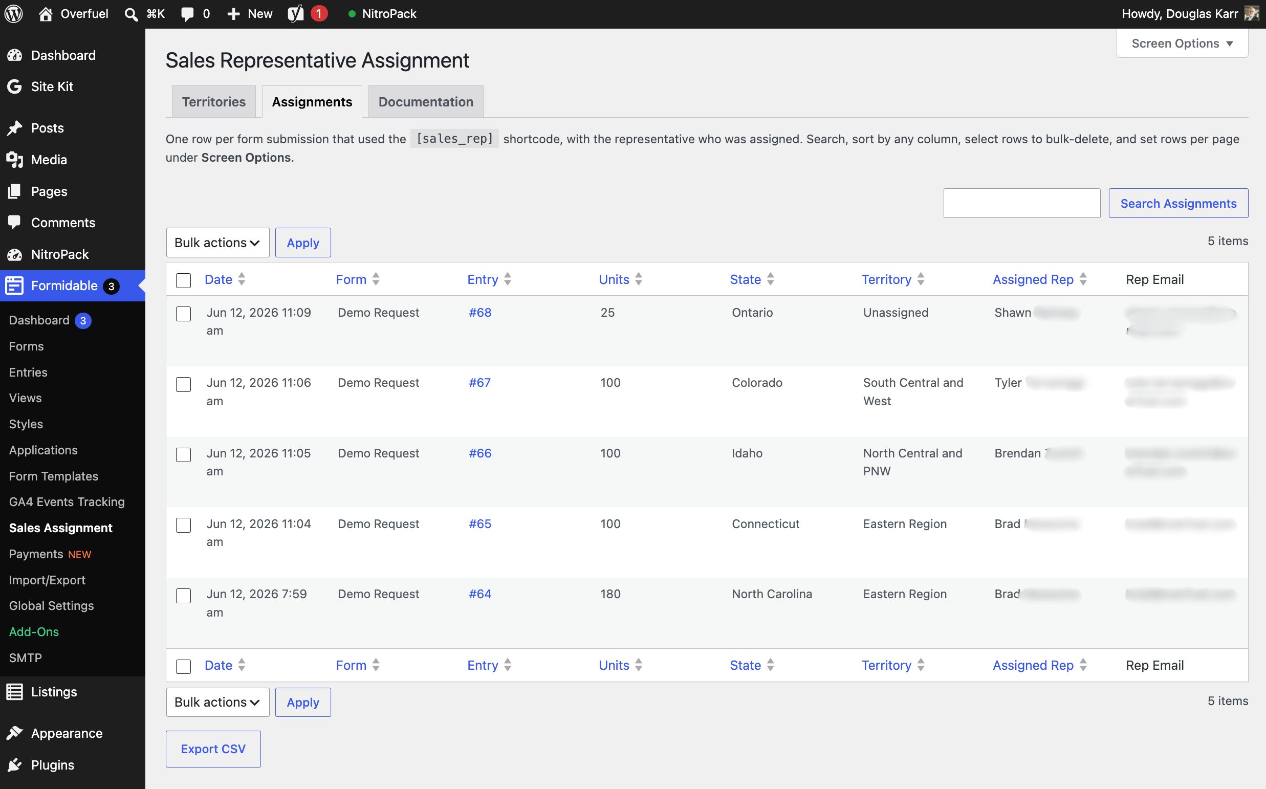 Formidable Forms Sales Territory Assignments